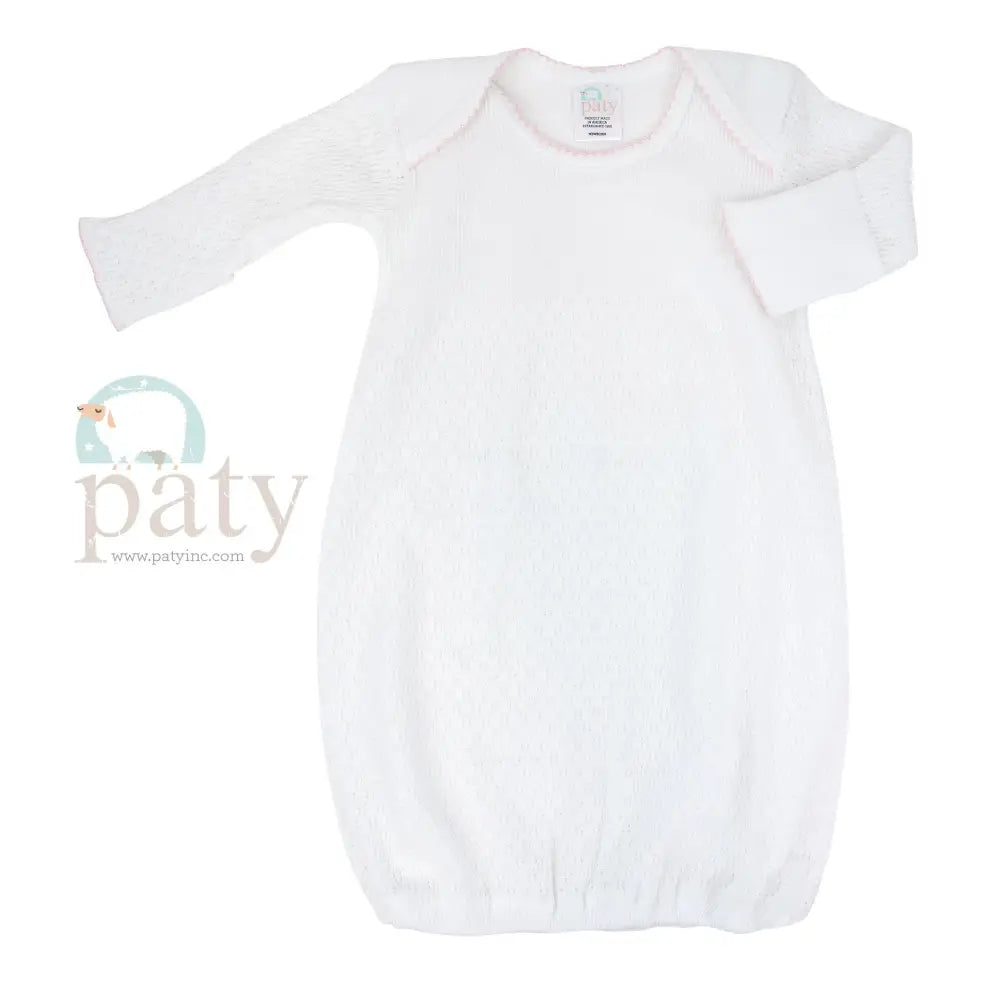 Knit Overlap Shoulder Gown White With Pink Picot New Paty
