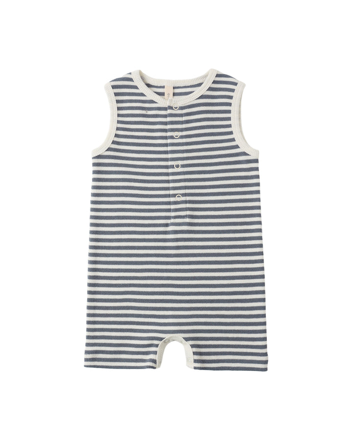 Quincy Mae: Ribbed Henley Romper - Ocean Stripe